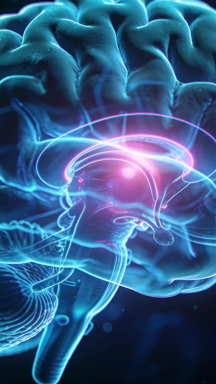 Vertical video: Pulsing magenta orb orbiting ring, rotating brain and showing neural activity in 3D