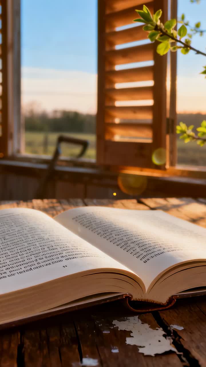 Video verticale: Un raggio di sole che si sposta illumina un libro stampato aperto su un tavolo vicino a delle persiane, evidenziando il testo