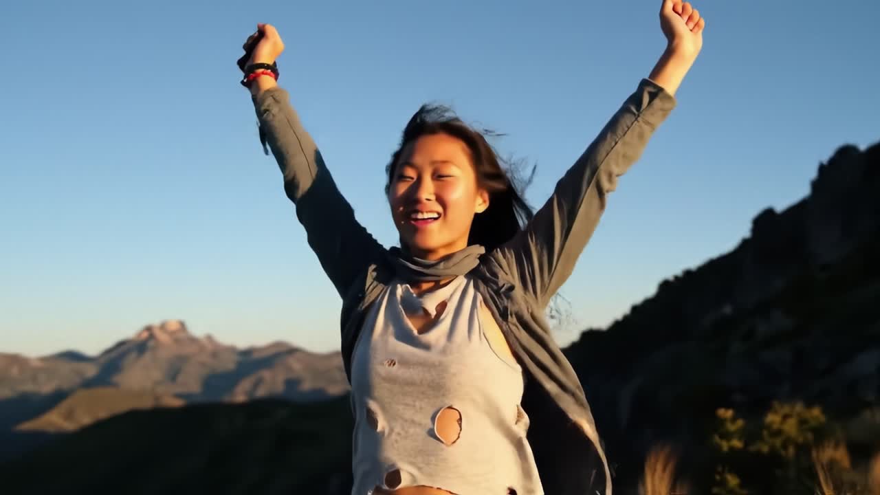 A Joyful Celebration of Freedom and Accomplishment: A Young Woman Exults in Nature Amidst Majestic Mountain Landscapes During a Clear Day's Light
