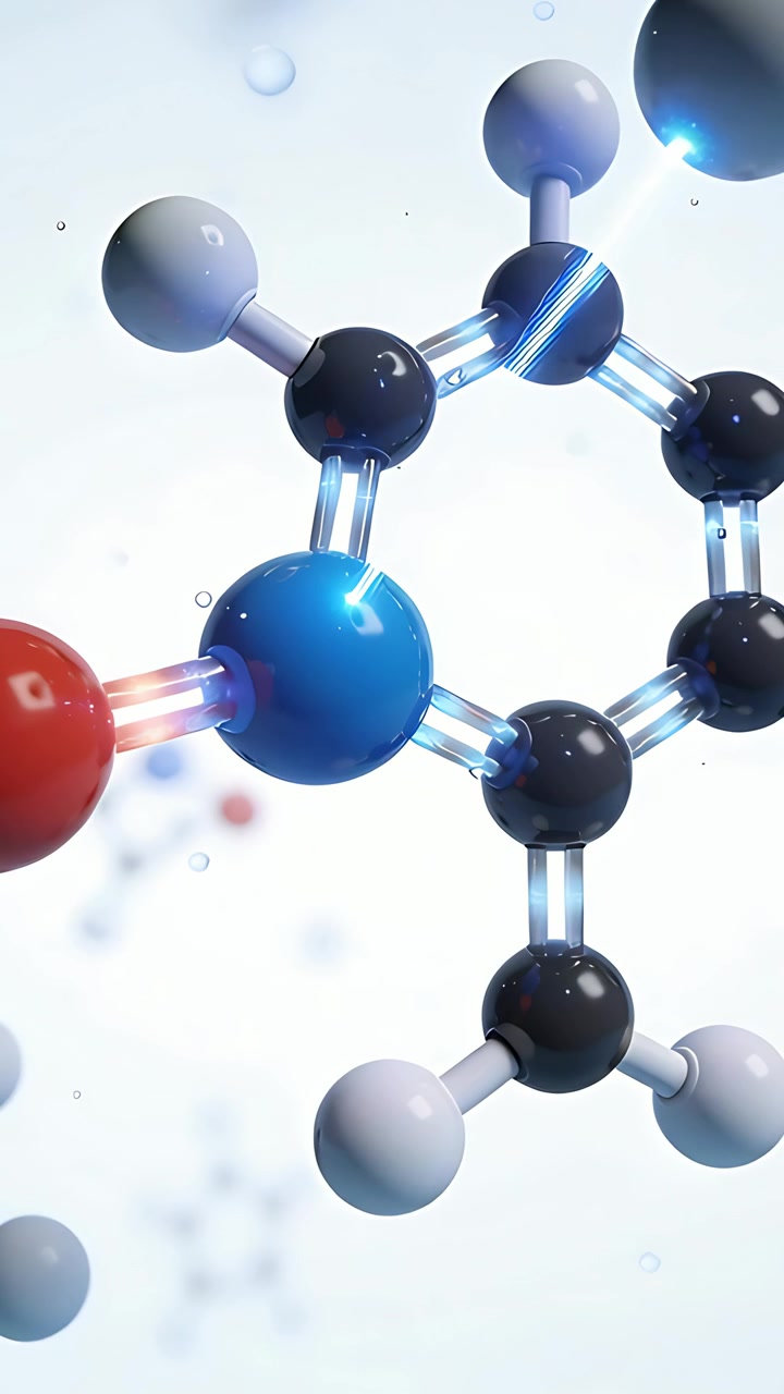 Vertical video: Rotating molecule showing blue atom, glowing bonds and drifting droplets in studio