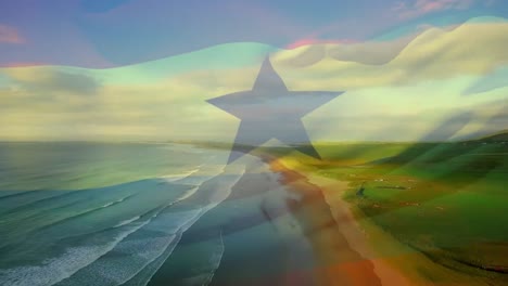 animation of flag of ghana waving over sunny beach and sea