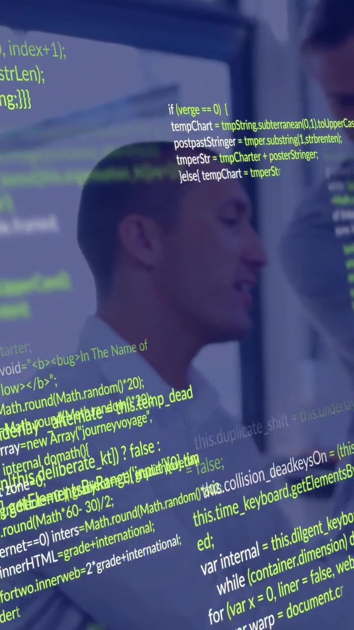 Seated man turning toward coworker pointing causing code overlay sliding over glass for tech review