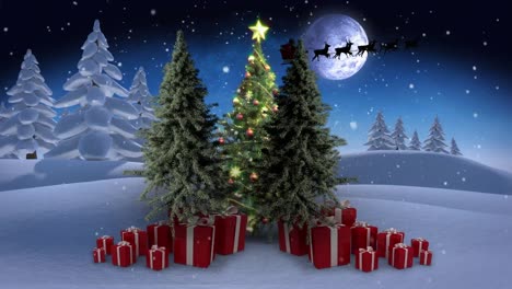 Animation-of-santa-claus-in-sleigh-with-reindeer-over-christmas-tree,-presents-and-moon