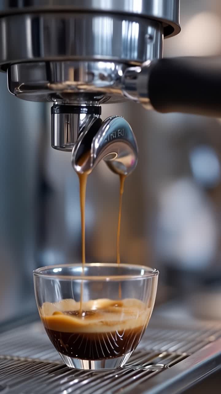 L'arte dell'espresso: momenti accattivanti di estrazione del caffè che mostrano il flusso ricco e vellutato dell'espresso in una tazza di vetro.