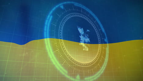 Animation-of-scope-scanning-and-yen-symbol-over-flag-of-ukraine