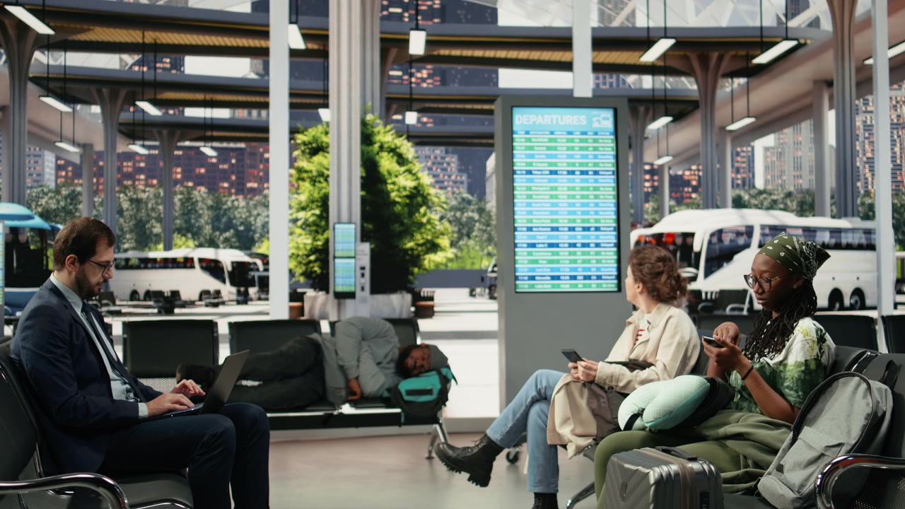 Uomini e donne in stazione degli autobus che usano laptop e smartphone, annoiati