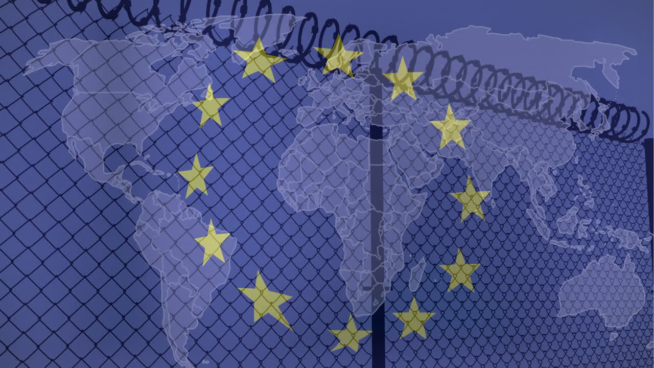 유럽연합의 별 애니메이션: 가시선 울타리와 세계 지도
