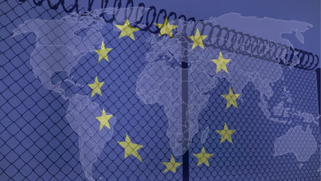 european union stars animation over barbed wire fence and world map