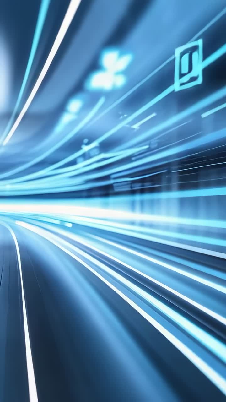Video verticale: ingresso in un tunnel al neon, telecamera che sfreccia guidando lo spettatore attraverso scie blu al neon