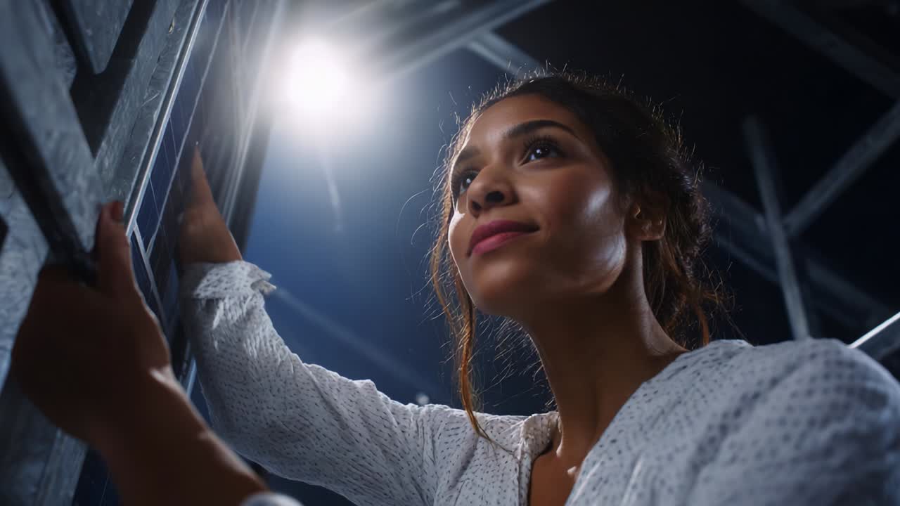 A thoughtful young woman gazes with intrigue and hope as she reaches out to touch the cool metallic surface, surrounded by dim lighting and an atmosphere of anticipation and reflection