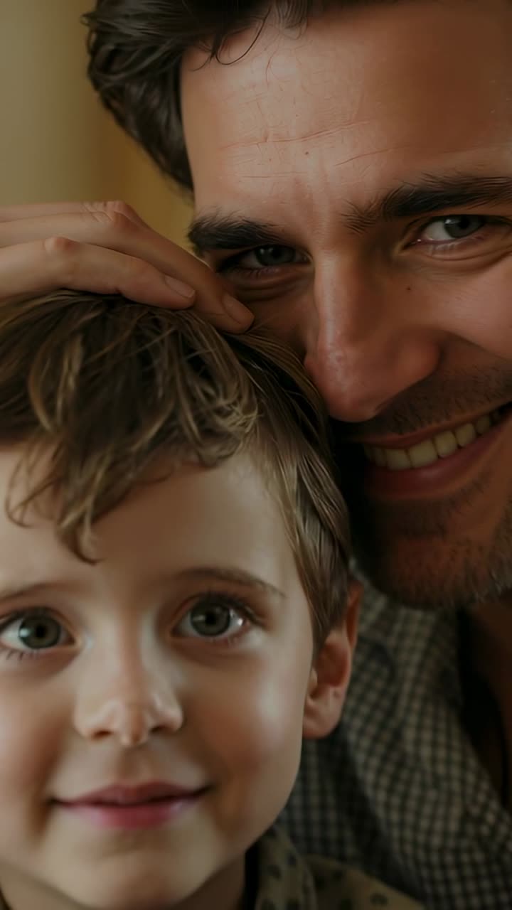 Vertical video: Father resting hand on son's head at home, causing blink, posing, patterned shirts
