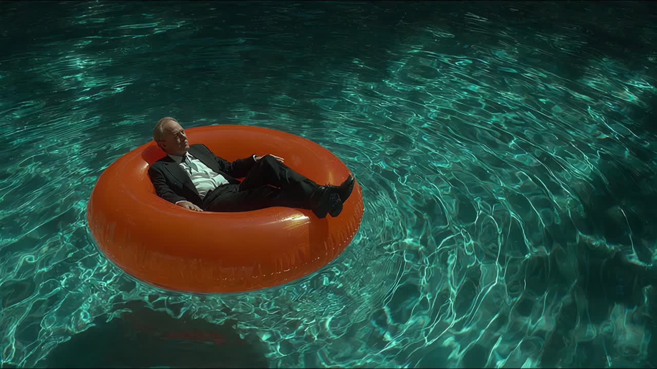 A Man Relaxing in an Orange Floatation Device on a Sparkling, Tranquil Pool, Capturing a Moment of Serene Solitude and Leisure Amidst the Calm Waters