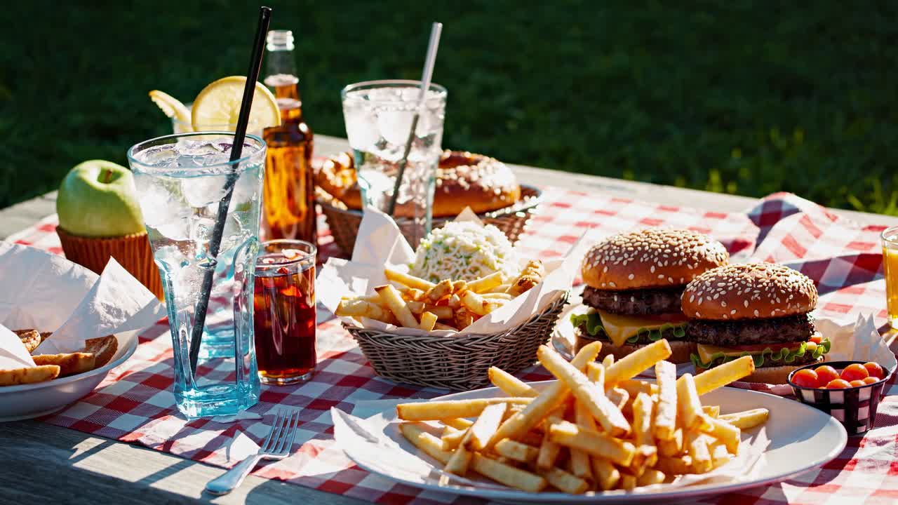 A sunny picnic table video scene with burgers, fries, and drinks. Shot from a side angle