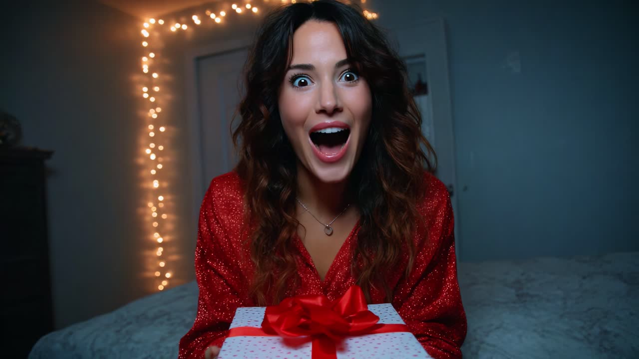 Excitement and Surprise Capture in a Cozy Room with String Lights: A Woman Holding a Gift with Joyful Anticipation, Reflecting Holiday Spirit and Celebration