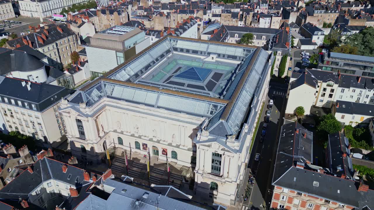 Nantes Art Museum at beautiful day, Nantes in Loire Atlantique, France. Aerial drone tilt up flyback