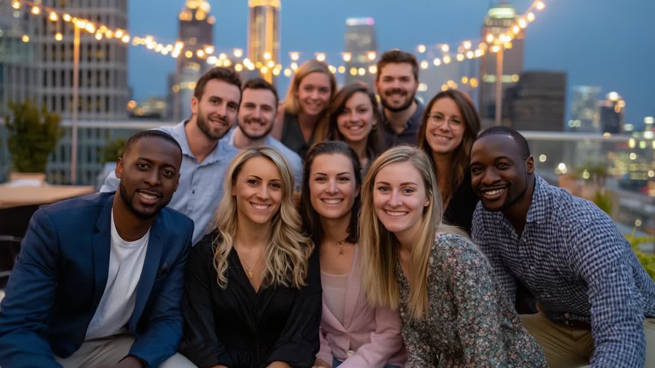 Group of friends on a rooftop at night