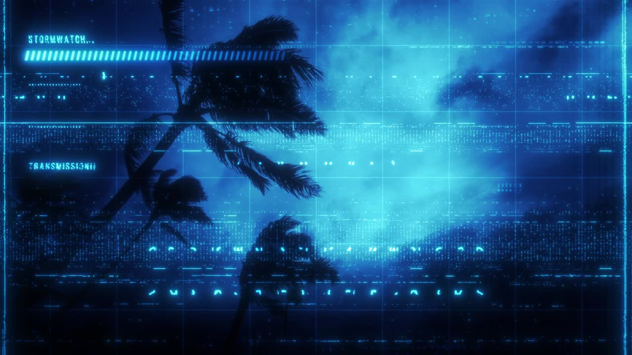 Glowing Blue Digital Display Surveillance Camera Storm Footage Loop