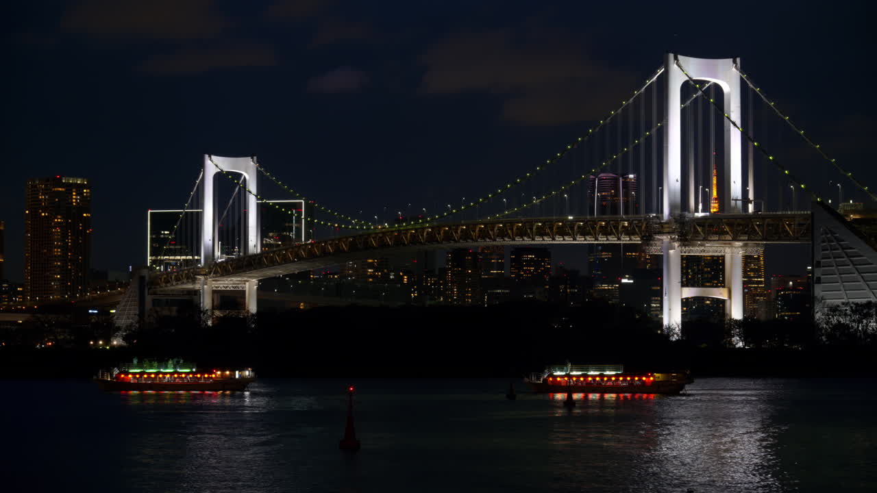 View of the Rainbow Bridge and the skyline of the city at night in Tokyo, Japan