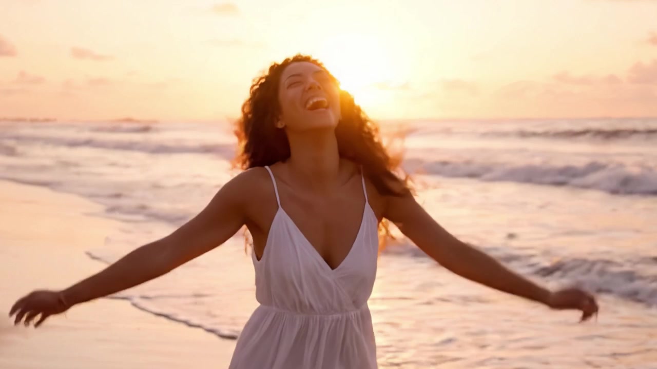 Joyful Moments on the Beach: A Woman Enjoys a Sunset Run Along the Shore, Embracing Freedom and Nature's Beauty with Laughter and Energy