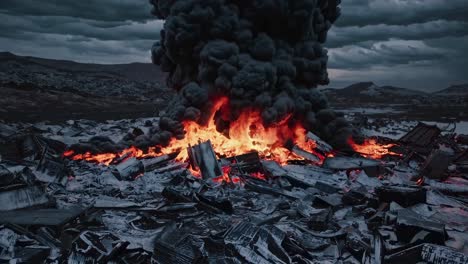 massive flames and dense black smoke billowing from burning debris, representing environmental destruction and chaos beneath ominous dark clouds