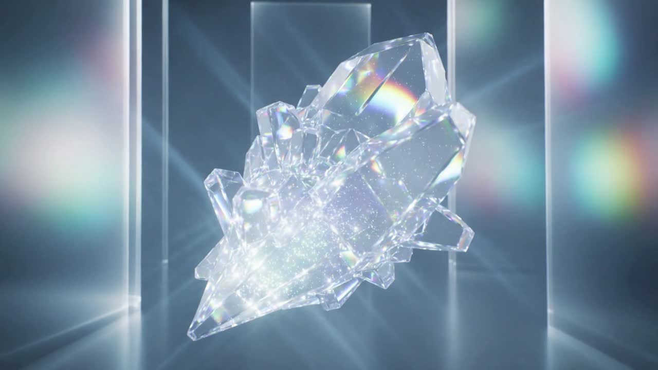 Faceted crystal center rotating under lighting cue, emitting flares and rainbows for product design