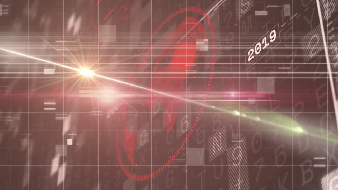 Animation of digital grid with numbers and red area in futuristic theme