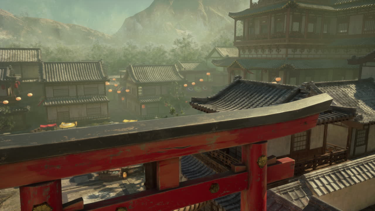 un pueblo japonés con una puerta torii