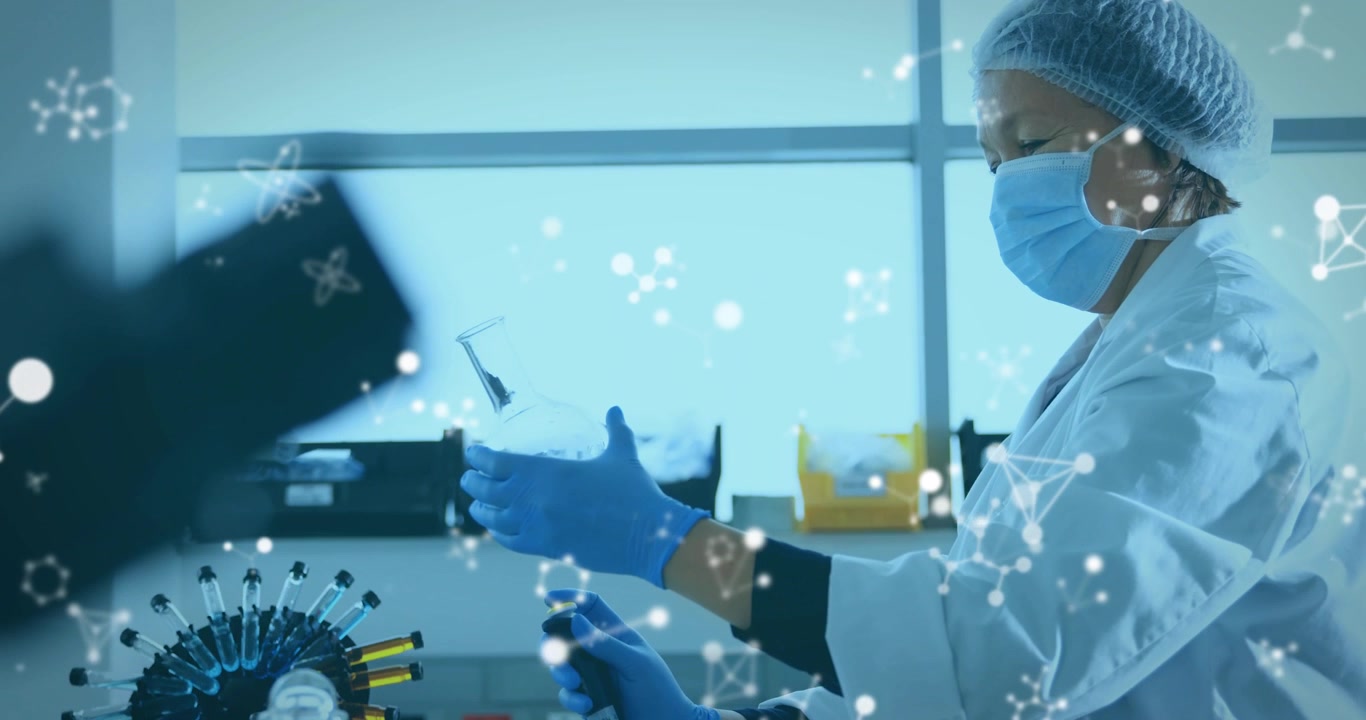 Lab tech adjusting gloves bringing flask pipetting steadying for sample transfer with virus overlay