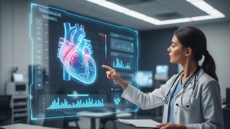 advanced heart monitoring: a medical professional analyzes a 3d visualization of cardiac activity and data trends using cutting-edge technology in healthcare.
