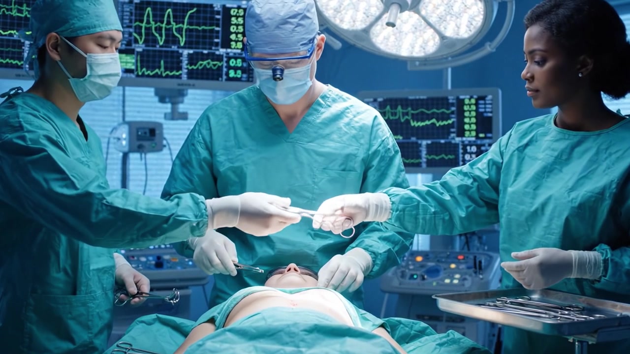 Et team af kirurger samarbejder på en højteknologisk operationsstue og udfører en delikat kirurgisk procedure med præcision og omhu under skarpt operationslys.