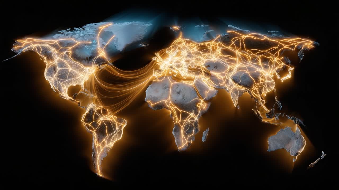 World map glowing with golden digital connections. Lights pulse across continents, showing global communication flow. Abstract design perfect for tech, business, or travel themes