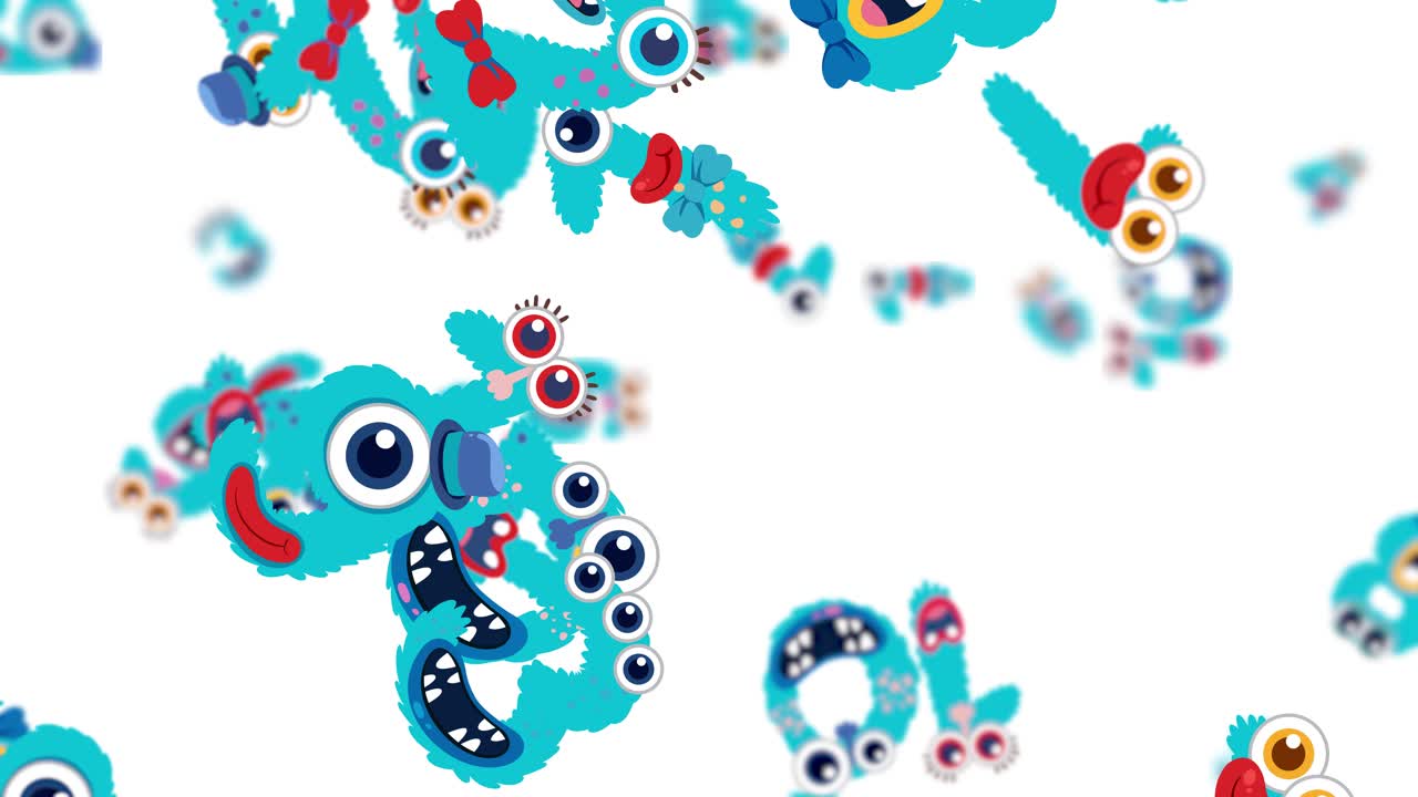 Colorful blue monsters animate across a white background with dynamic, playful movements and vibrant expressions
