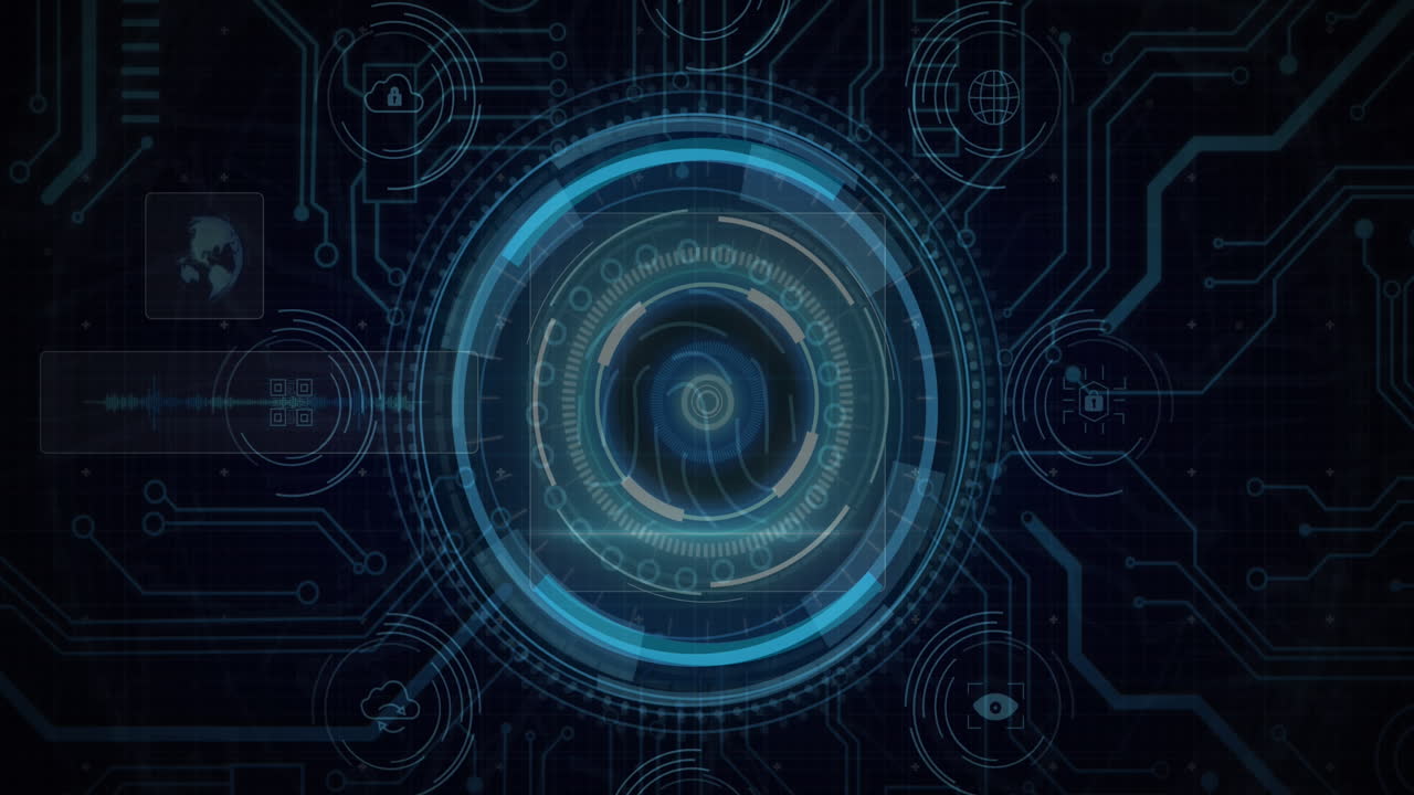 Animation of data protection text and fingerprint in circles over globe and circuit board pattern