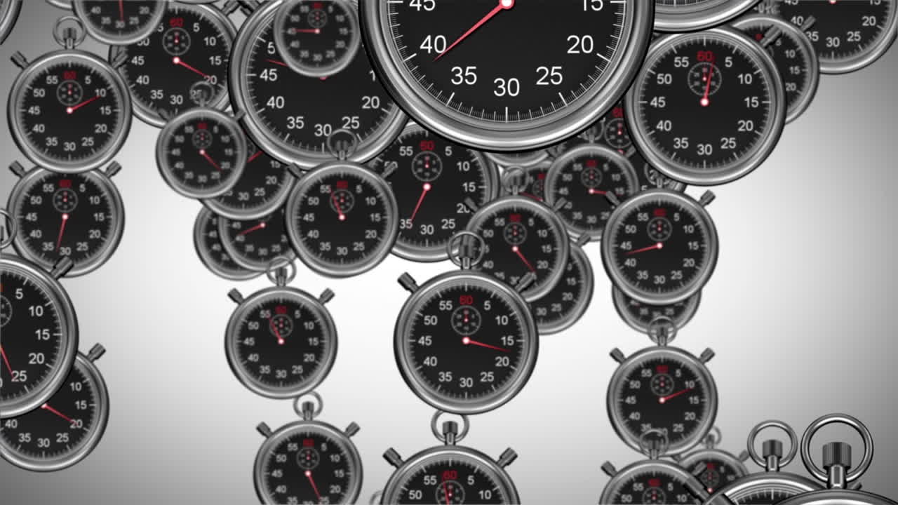 animación de relojes de segundos flotantes sobre un fondo gris