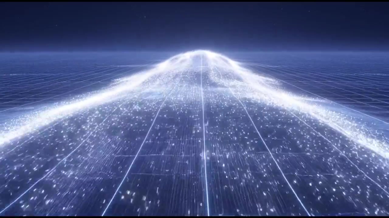 グリッド上を移動する光る粒子がある抽象的なデジタル風景