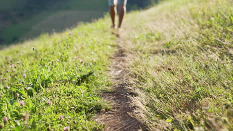 close up in slow motion of a small path on a beautiful green meadow, young man walking