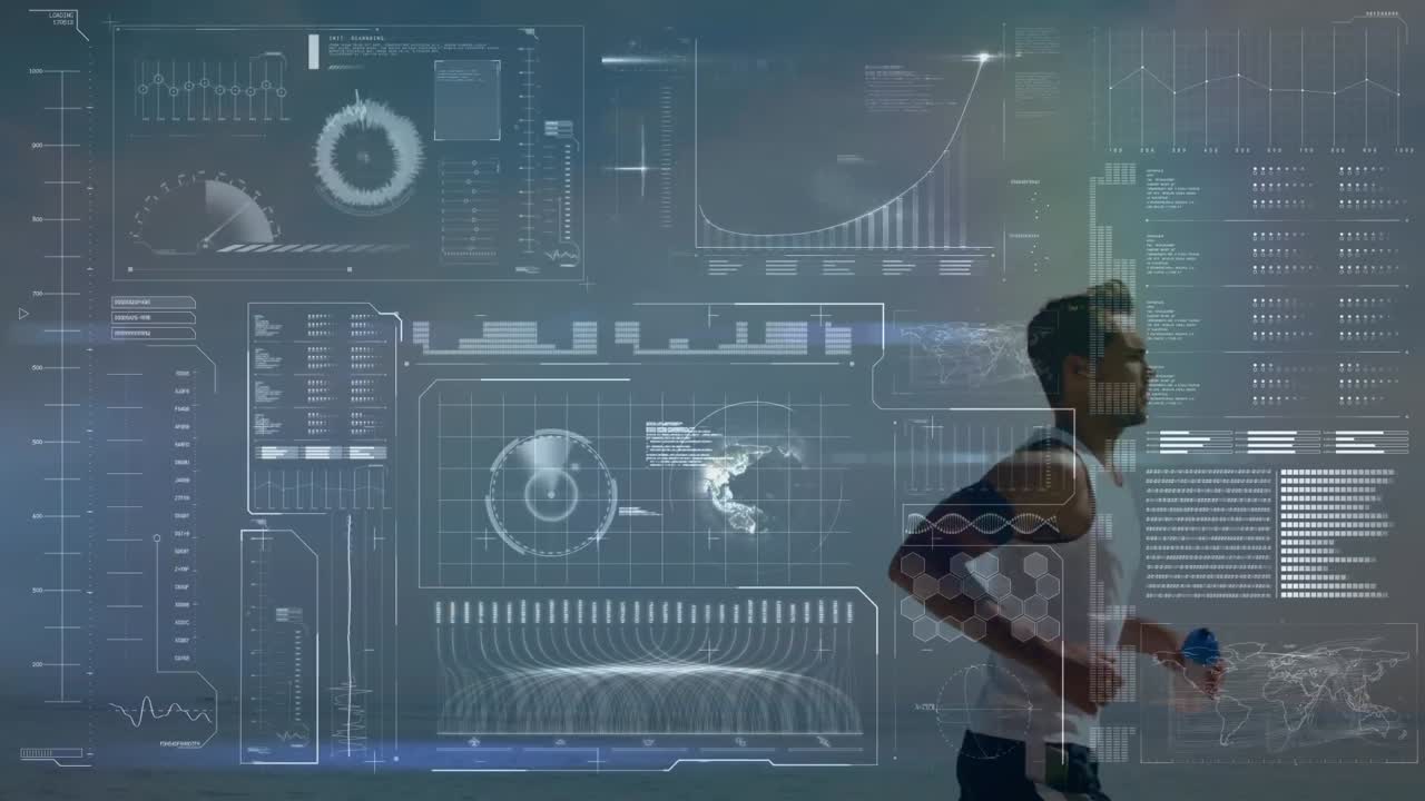 animación del procesamiento de datos sobre un hombre en forma corriendo en la playa