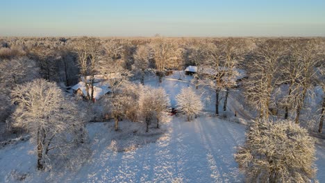 Aerial-view-over-a-snowy-landscape-with-some-beautiful-houses-on-a-sunny-day-in-Karlskrona,-south-of-Sweden-1