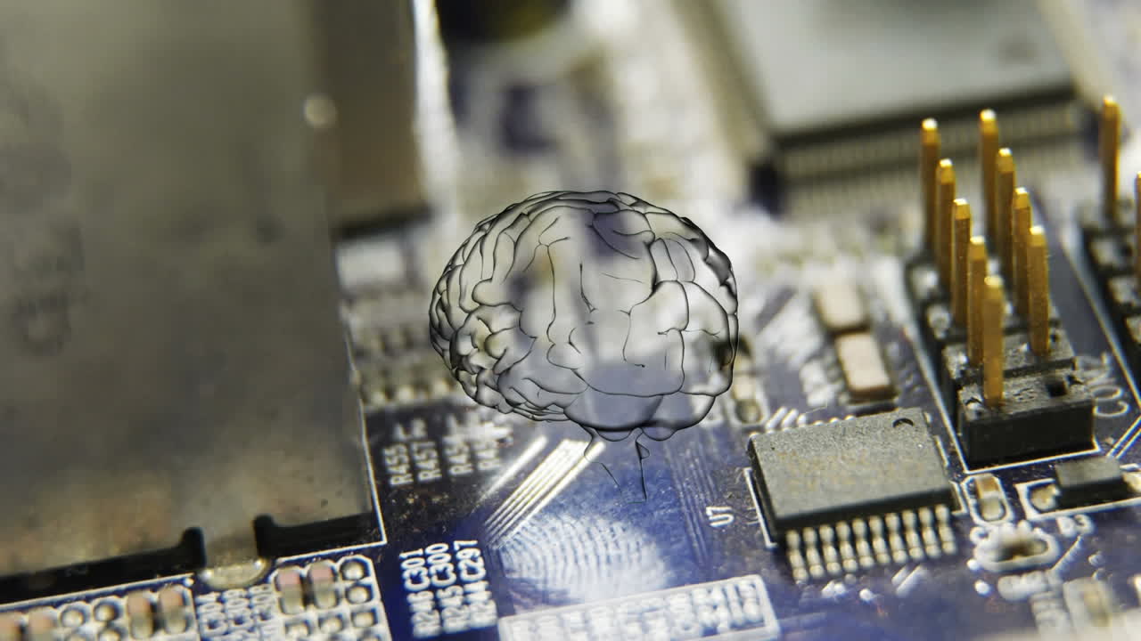 Animation of human brain and data processing on circuit board