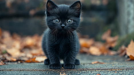 small black kitten exploring the outdoors on a fall day