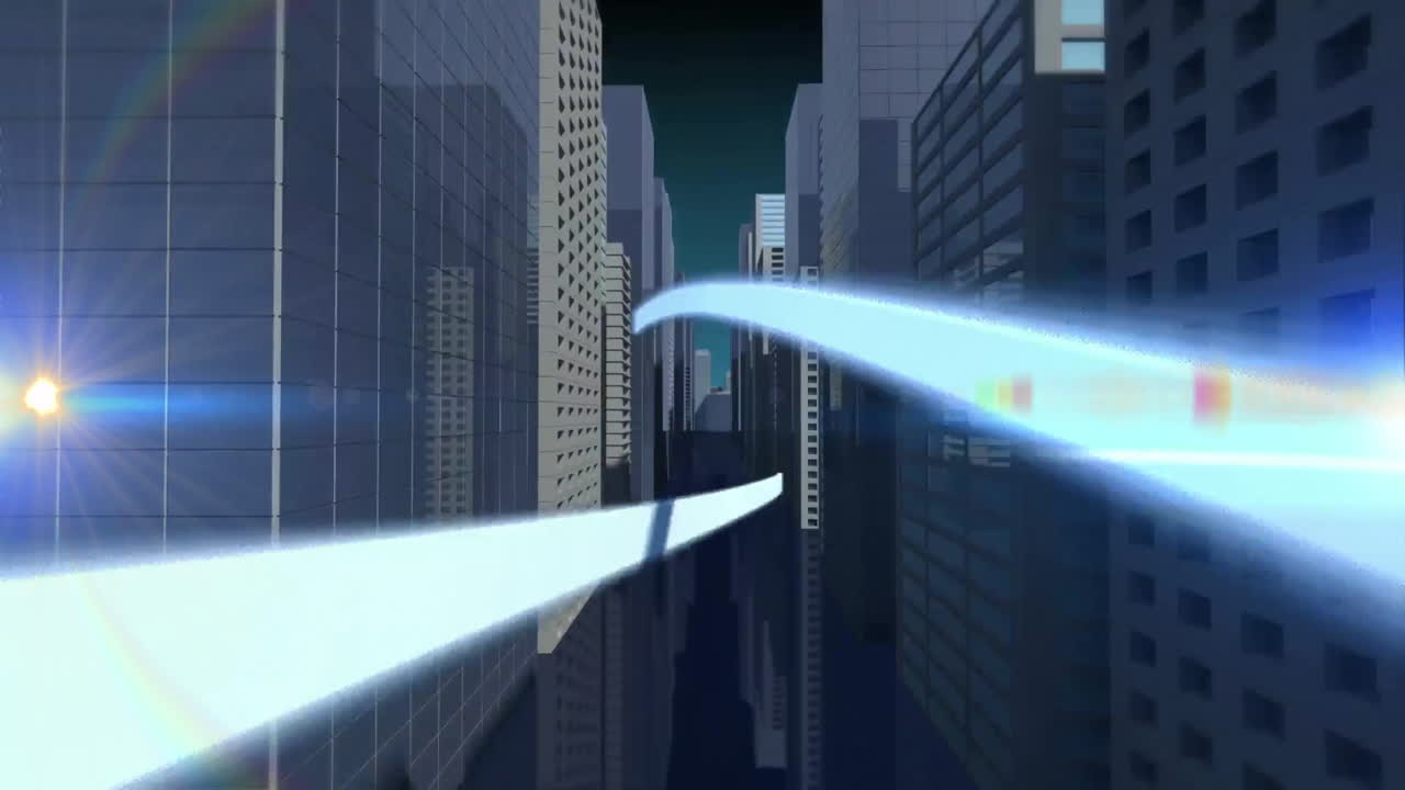 Glowing light trails between skyscrapers in futuristic cityscape at night animation