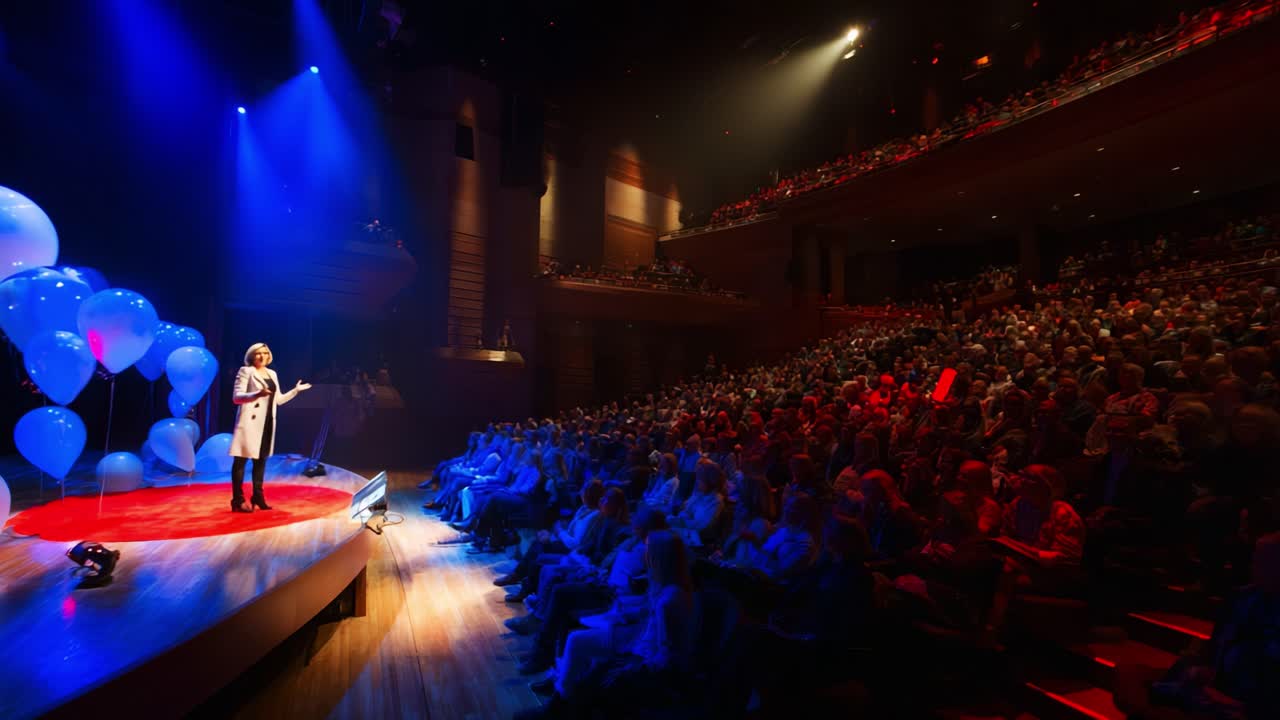 Captivating Speaker Engages Enthusiastic Audience with Inspiring Presentation Amidst Colorful Balloons in a Grand Auditorium Setting, Creating a Memorable Event Experience