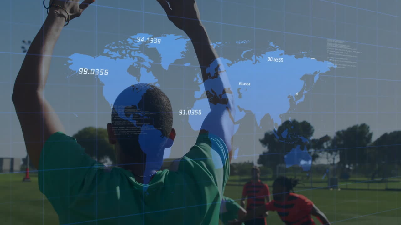 Teammates stretching on sports field, showcasing tech with holographic map grid overlay and data