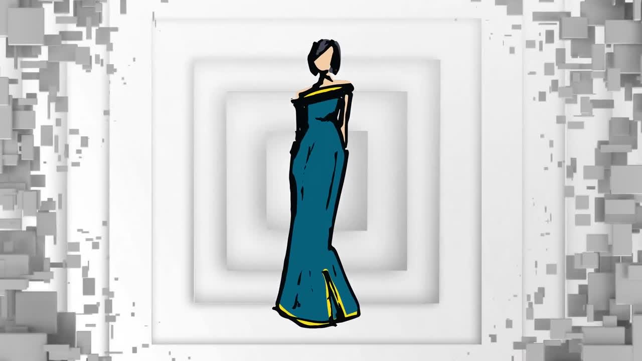 animación de un modelo de moda sobre una forma geométrica blanca