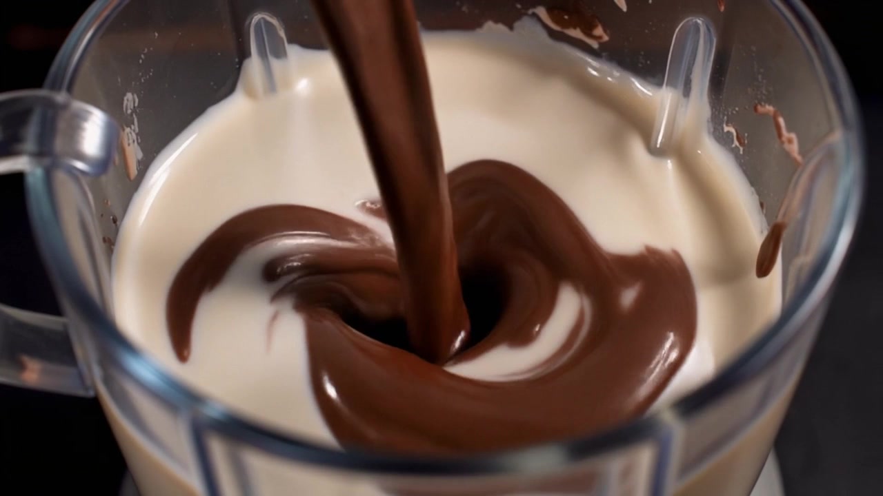 Sciroppo di cioccolato denso versato nel latte cremoso in un frullatore
