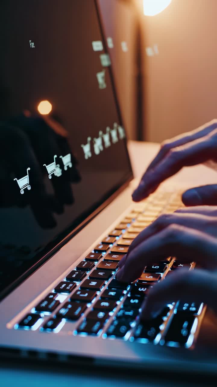 Primo piano di mani che digitano su un laptop con icone di shopping sullo schermo, illuminato da luce calda