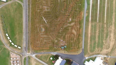 Aerial-View-from-Above-of-a-Large-Corn-Maze-with-a-Down-Angle-Moving-across-in-Autumn-as-Seen-by-a-Drone