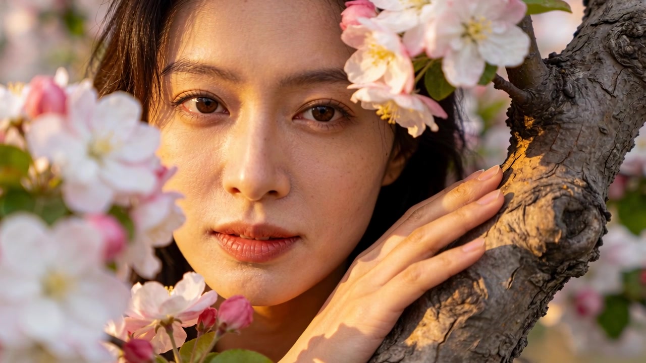 録画カメラが果樹園で幹に手を置く女性のポートレートを捉え、花々は太陽の光を浴びている。