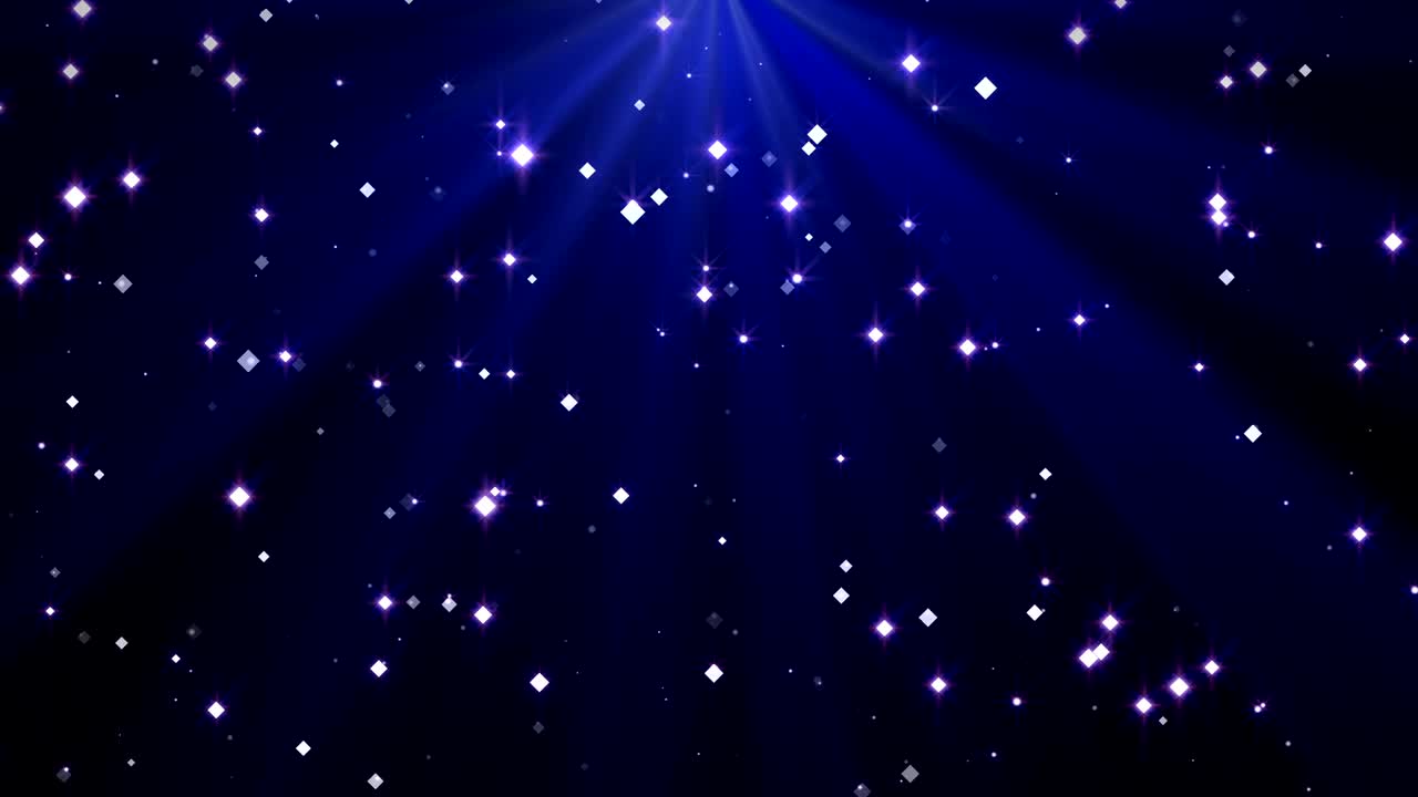 파란색 메리 크리스마스 배경에 떨어지는 콘페티와 빛의 광선.