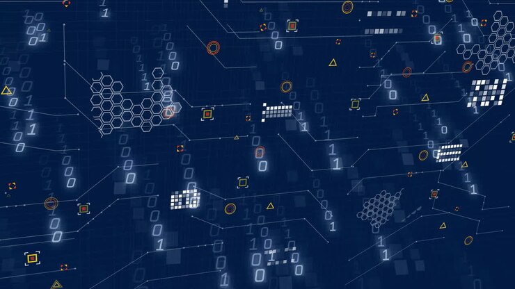 Animation of digital network with binary code and geometric shapes on blue background